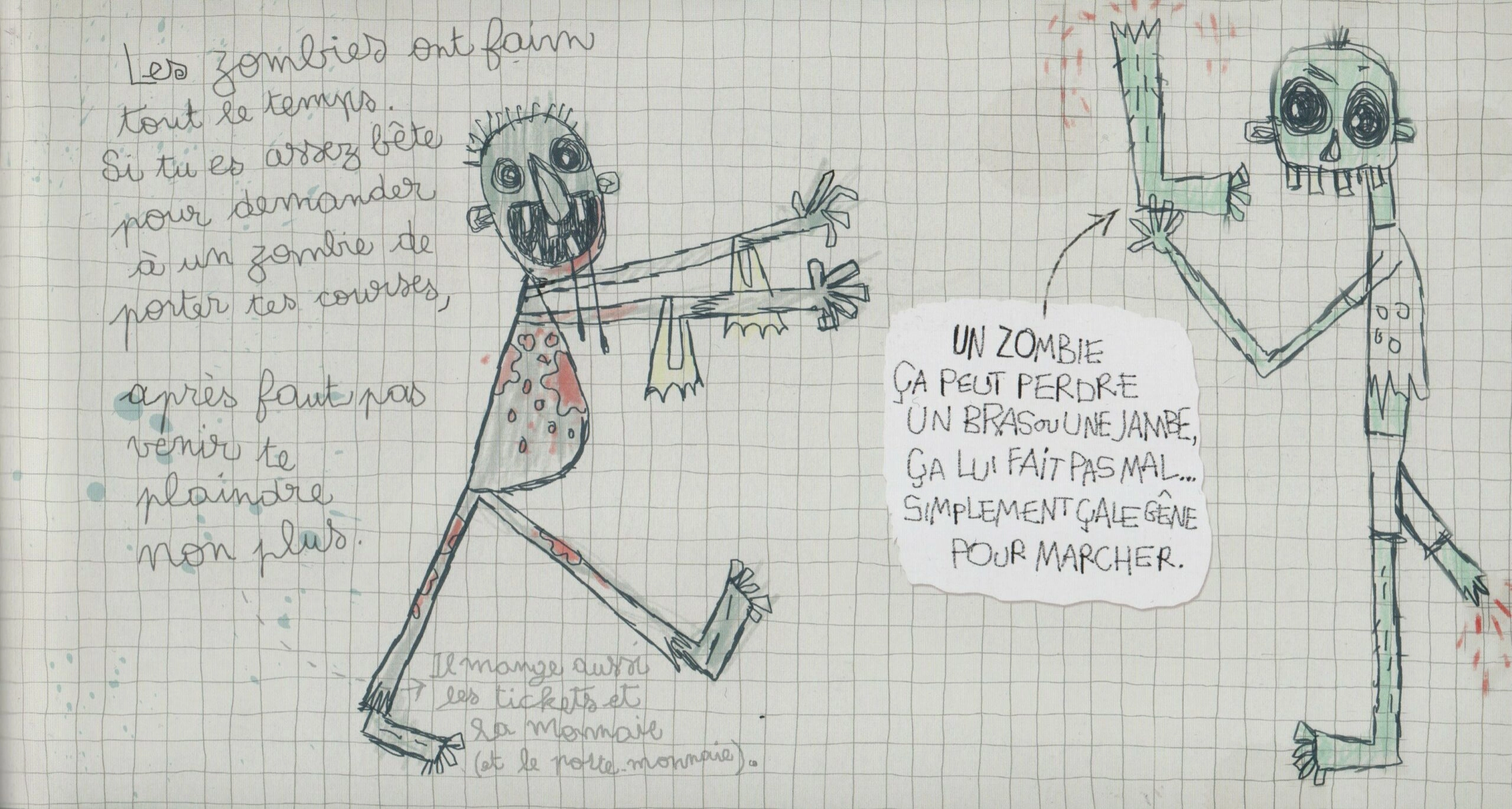 Un dessin d'enfant avec des zombis qui ont faim.