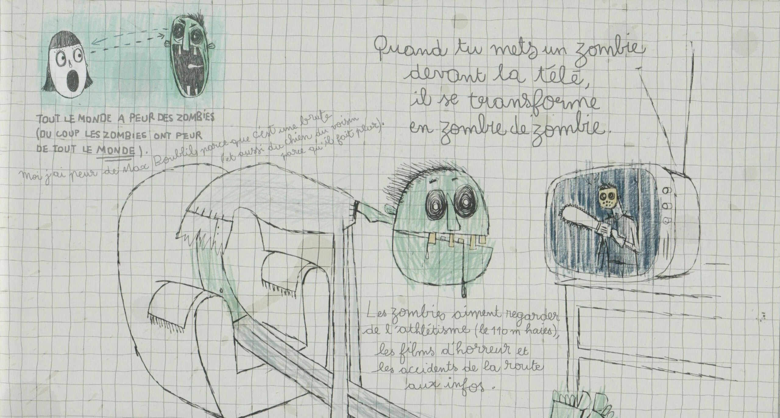 Un dessin d'enfant avec 2 zombis qui ont faim. Tout le monde a peur des zombis.