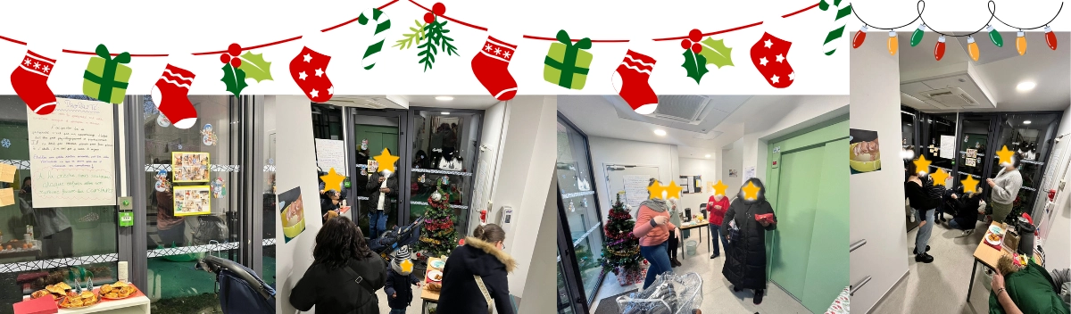 Photo : une guirlande Noël à la crèche et parents venus avec des gâteaux.