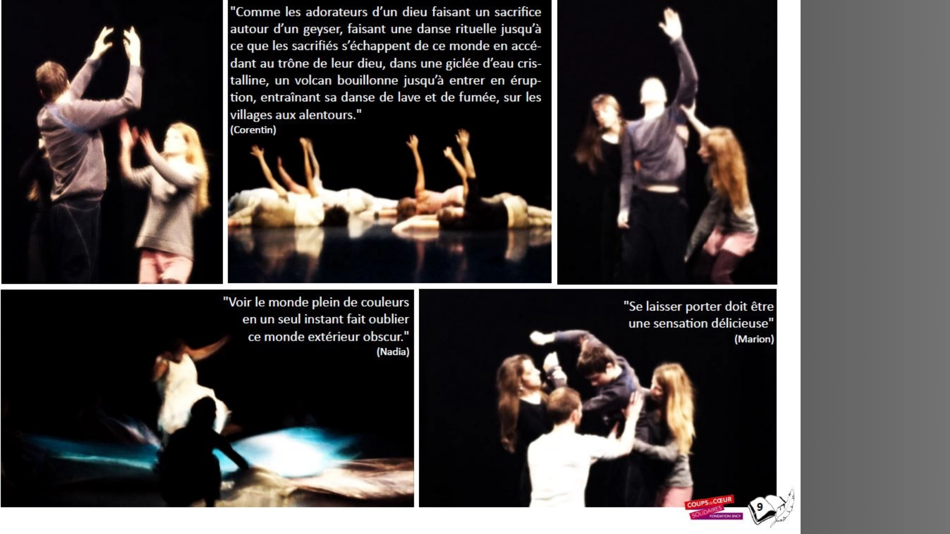 5 photos d'adolescents dansant ensemble. Cela donne lieu à des phrases prononcées par chacun.